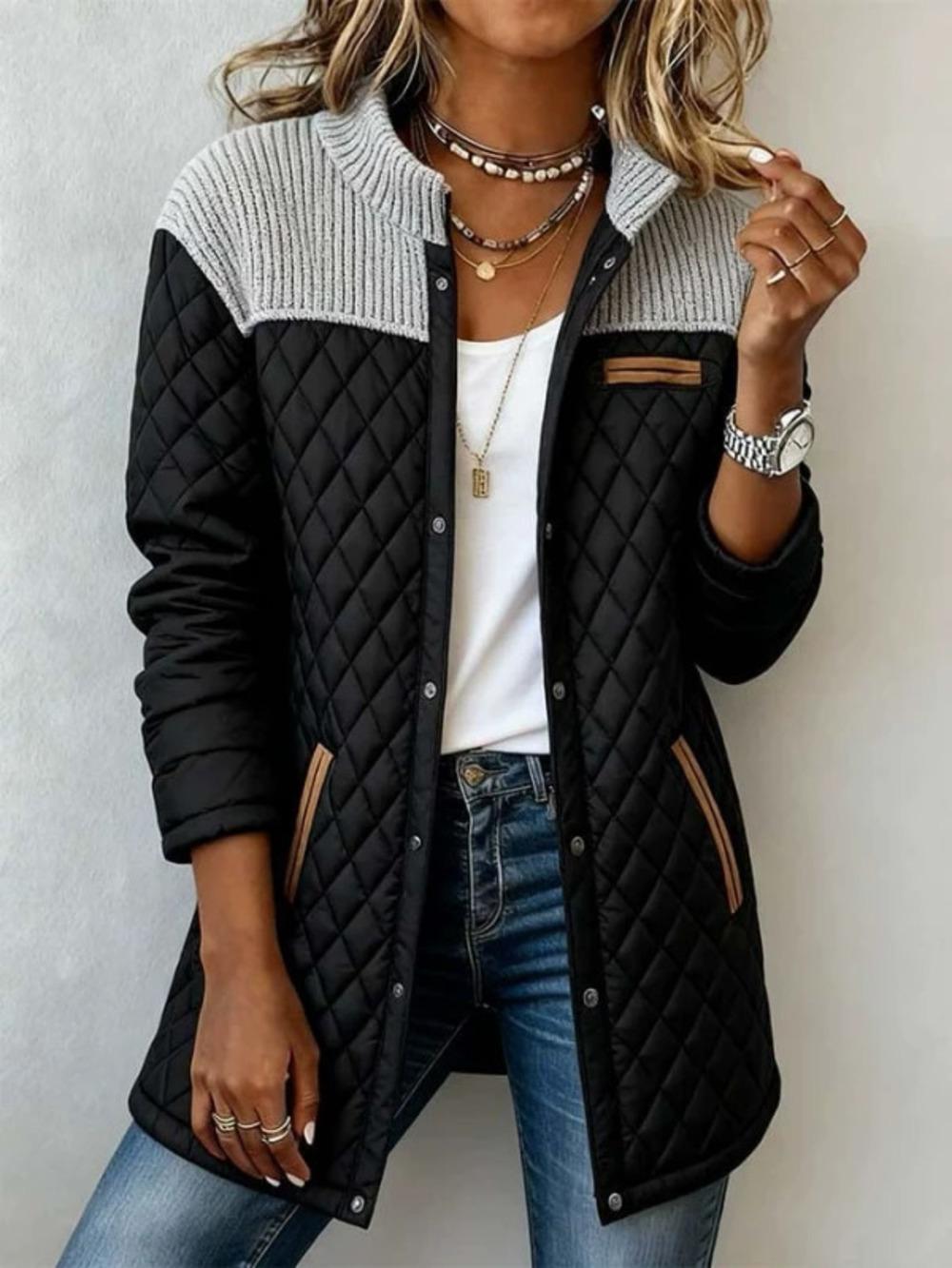 American Oversized Patchwork Diamond Quilted Crew Neck Long Sleeve Pocket Jacket